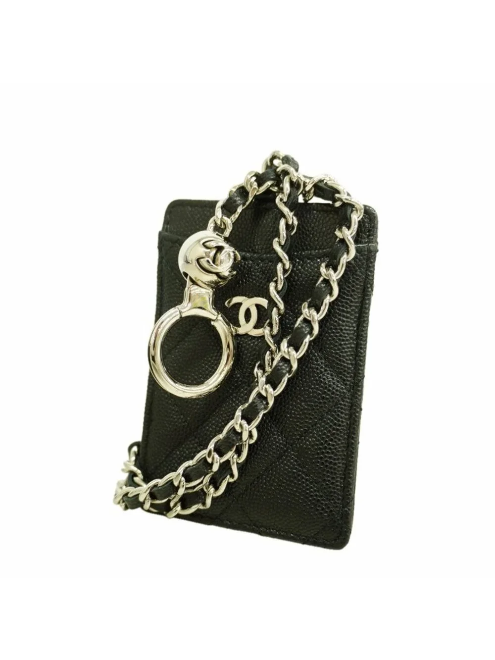 Chanel Card Case Quilted Caviar Leather Black Silver